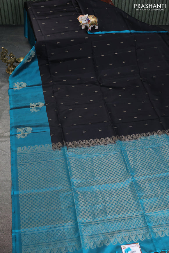 Pure soft silk saree black and teal blue with zari woven paisley buttas and elephnat design zari woven butta border