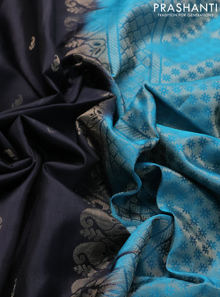 Pure soft silk saree black and teal blue with zari woven paisley buttas and elephnat design zari woven butta border