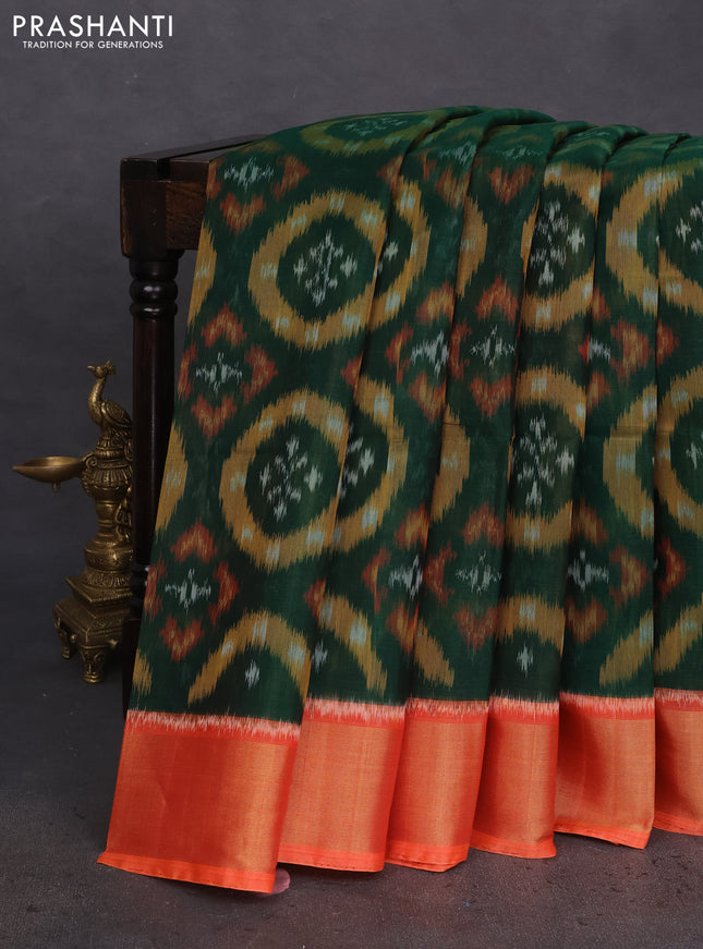 Ikat silk cotton saree dark green and orange with allover ikat weaves and zari woven border