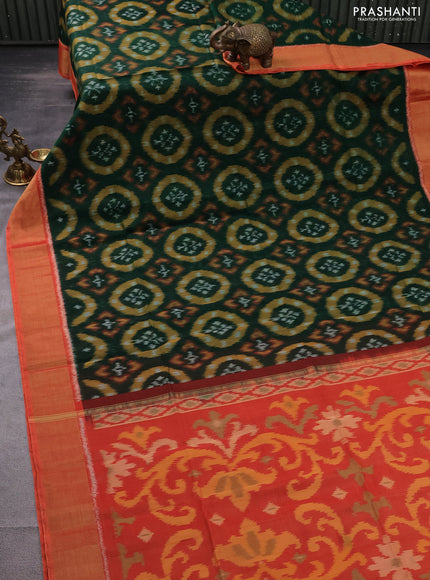 Ikat silk cotton saree dark green and orange with allover ikat weaves and zari woven border
