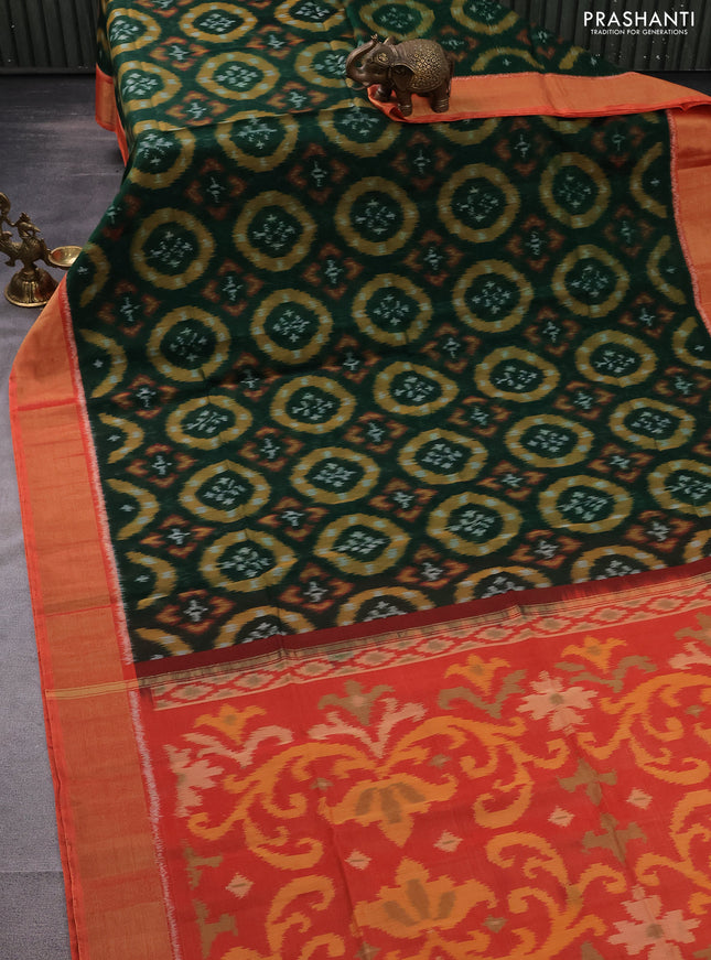 Ikat silk cotton saree dark green and orange with allover ikat weaves and zari woven border