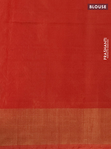 Ikat silk cotton saree dark green and orange with allover ikat weaves and zari woven border