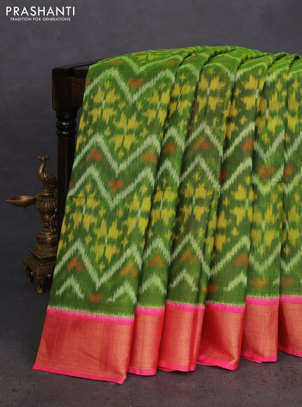 Ikat silk cotton saree green and pink with allover ikat weaves and zari woven border