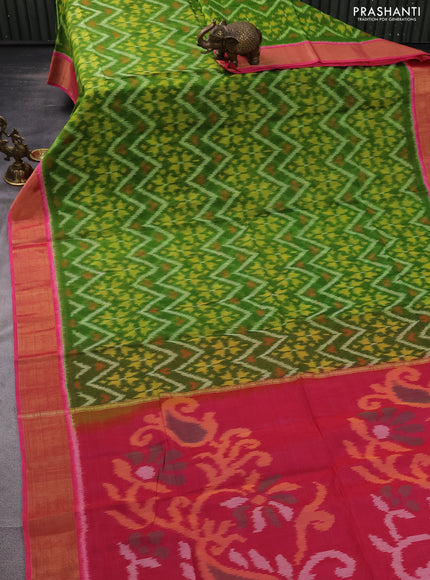 Ikat silk cotton saree green and pink with allover ikat weaves and zari woven border
