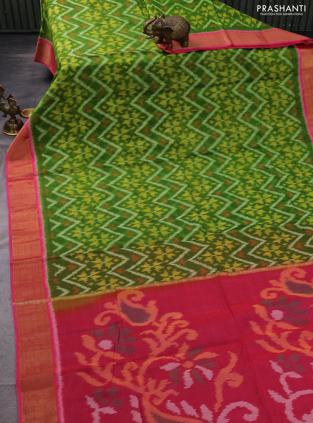 Ikat silk cotton saree green and pink with allover ikat weaves and zari woven border