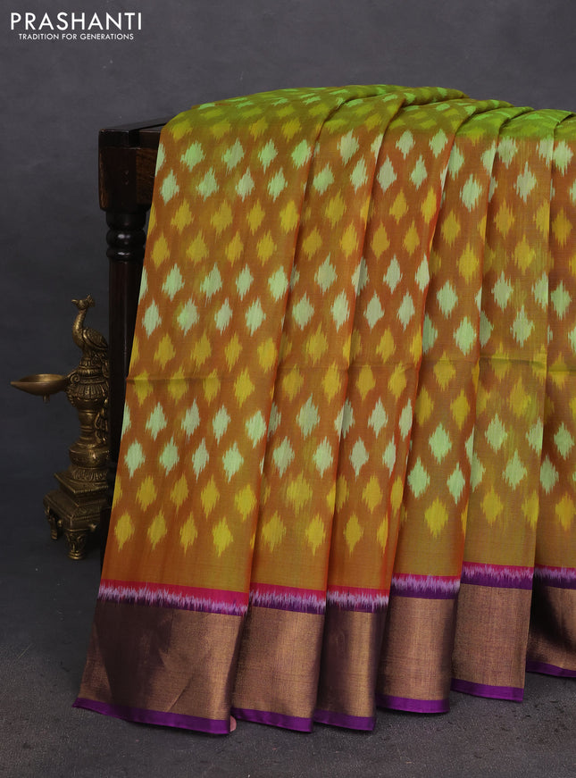 Ikat silk cotton saree mehendi green and violet with allover ikat weaves and zari woven border