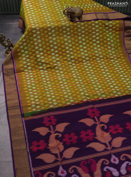 Ikat silk cotton saree mehendi green and violet with allover ikat weaves and zari woven border