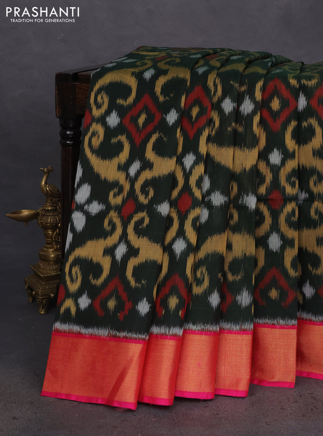 Ikat silk cotton saree dark green and pink with allover ikat weaves and zari woven border