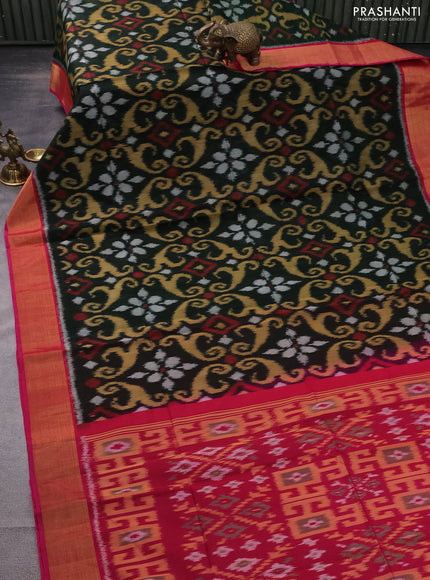 Ikat silk cotton saree dark green and pink with allover ikat weaves and zari woven border