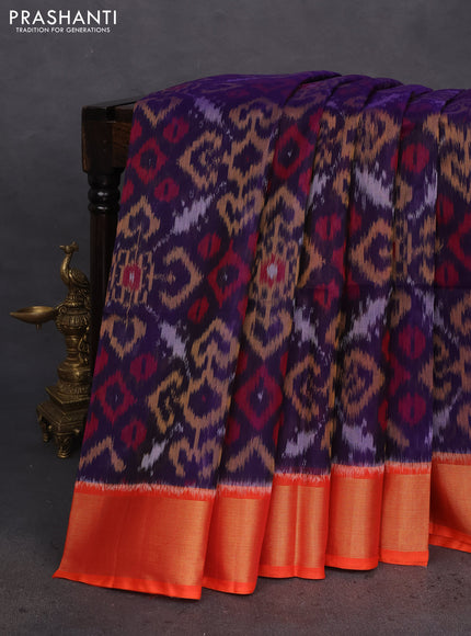 Ikat silk cotton saree dark blue and reddish orange with allover ikat weaves and zari woven border