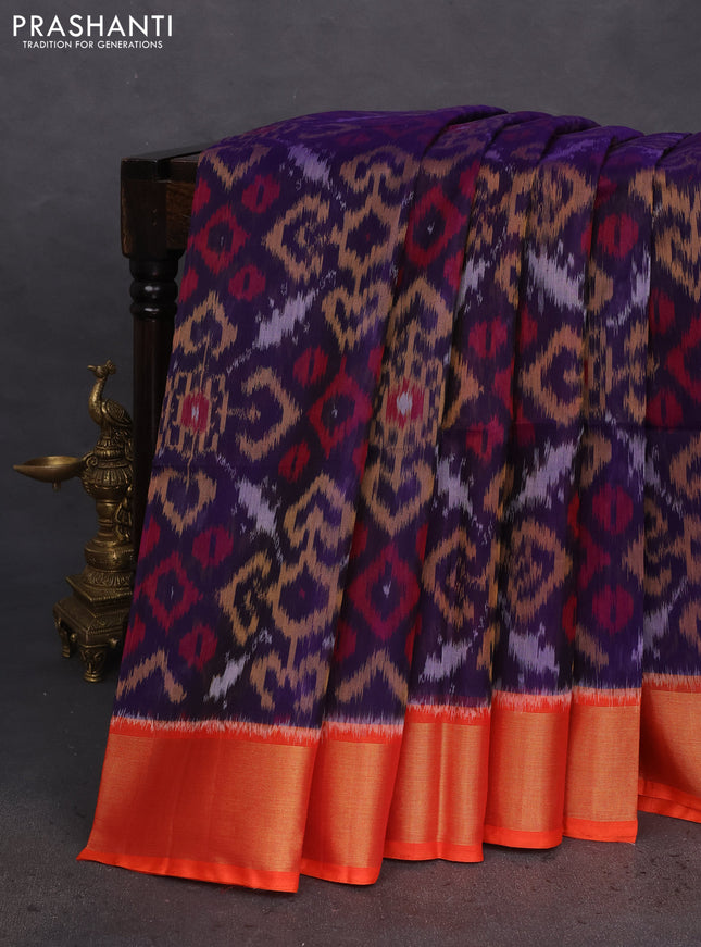 Ikat silk cotton saree dark blue and reddish orange with allover ikat weaves and zari woven border