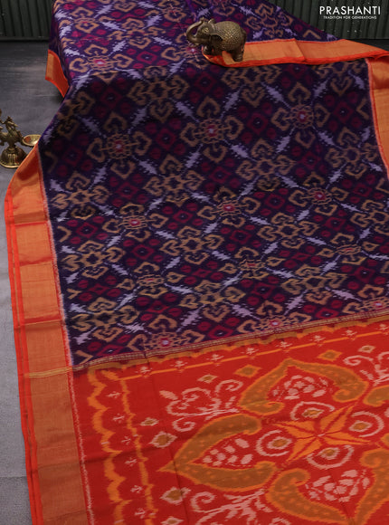 Ikat silk cotton saree dark blue and reddish orange with allover ikat weaves and zari woven border
