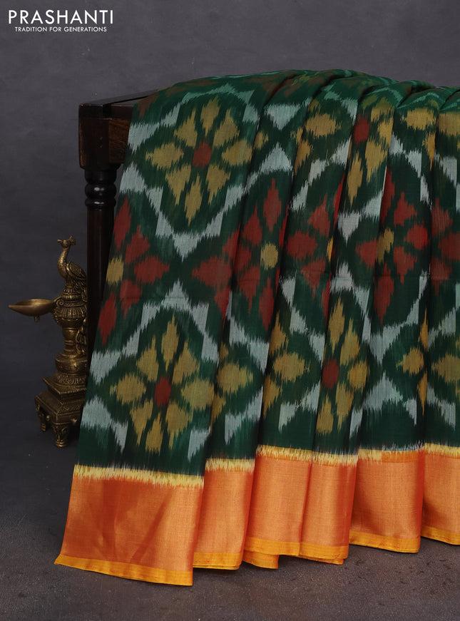 Ikat silk cotton saree green and mustard yellow with allover ikat weaves and zari woven border