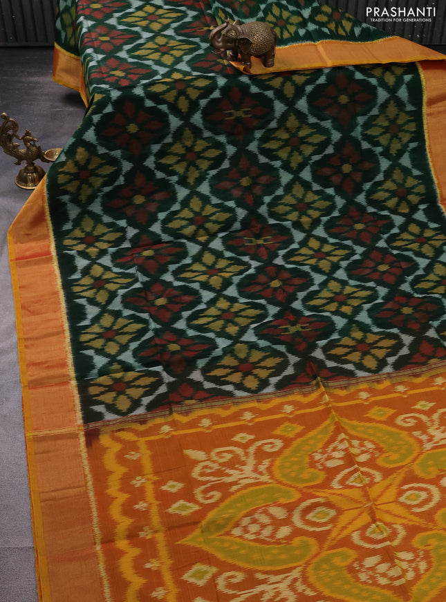 Ikat silk cotton saree green and mustard yellow with allover ikat weaves and zari woven border