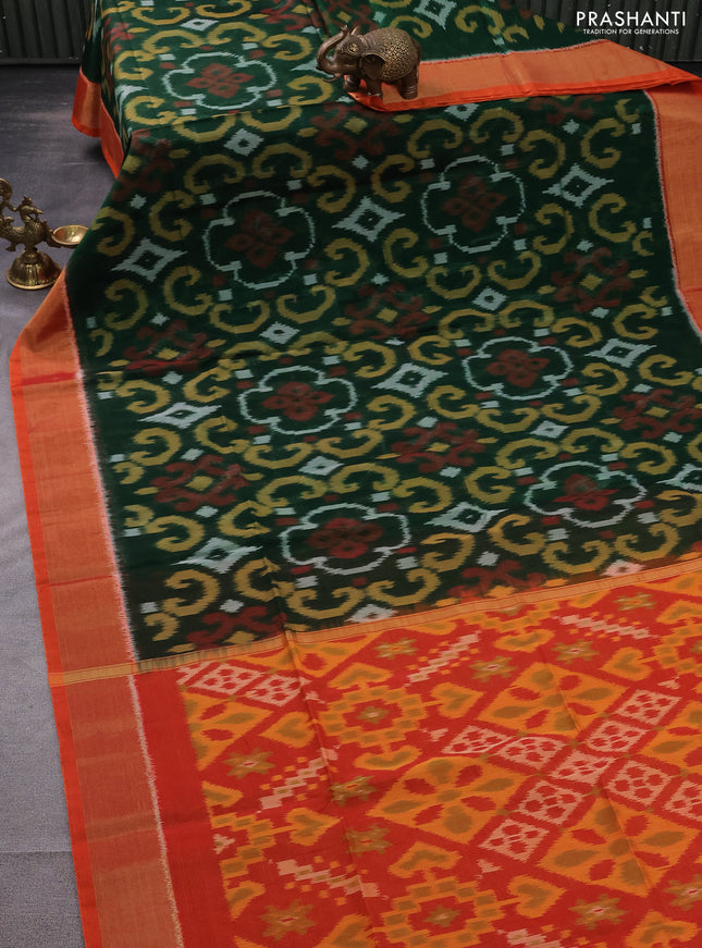 Ikat silk cotton saree green and reddish orange with allover ikat weaves and zari woven border