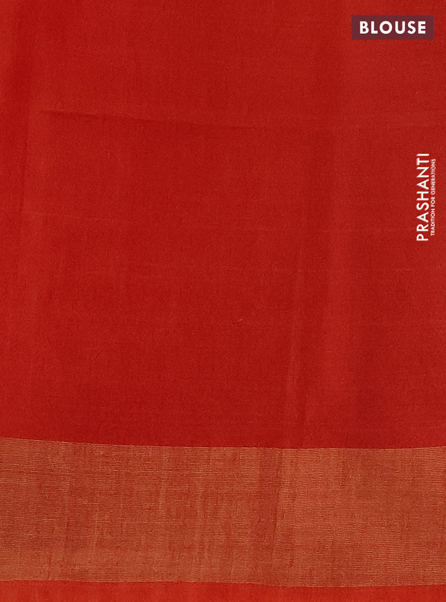 Ikat silk cotton saree green and reddish orange with allover ikat weaves and zari woven border