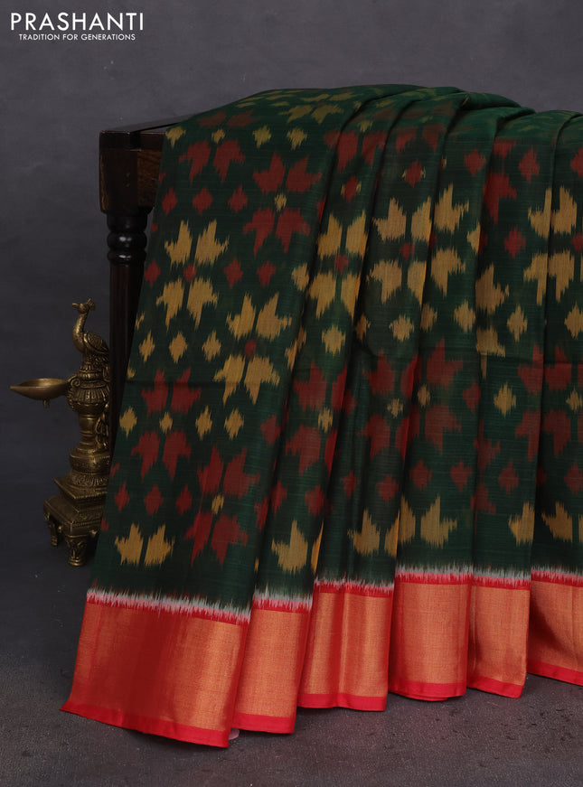 Ikat silk cotton saree green and red with allover ikat weaves and zari woven border