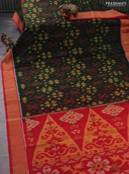 Ikat silk cotton saree green and red with allover ikat weaves and zari woven border