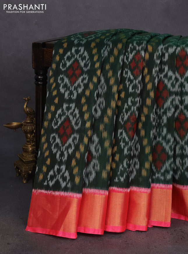 Ikat silk cotton saree dark green and pink with allover ikat weaves and zari woven border