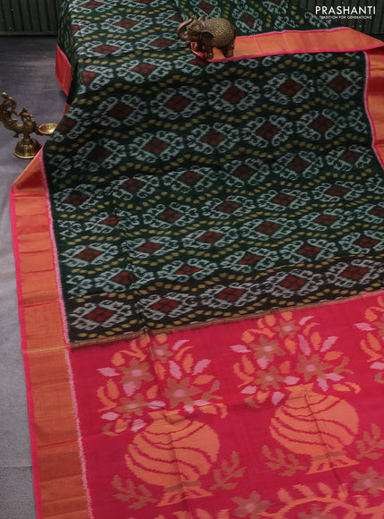 Ikat silk cotton saree dark green and pink with allover ikat weaves and zari woven border