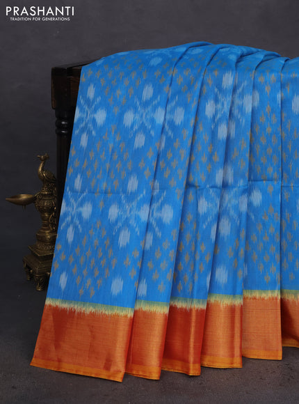 Ikat silk cotton saree cs blue and mustard yellow with allover ikat weaves and zari woven border