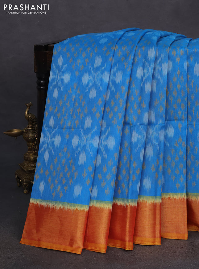 Ikat silk cotton saree cs blue and mustard yellow with allover ikat weaves and zari woven border