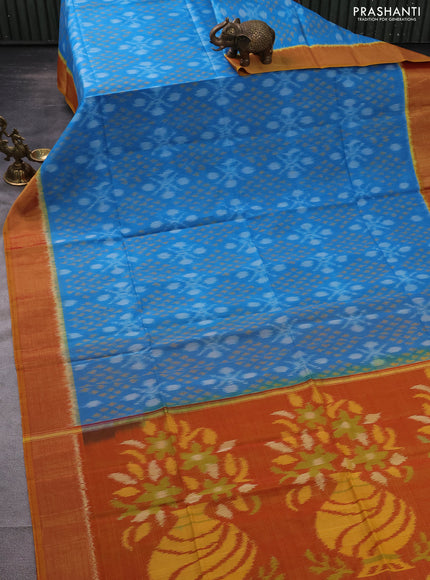 Ikat silk cotton saree cs blue and mustard yellow with allover ikat weaves and zari woven border