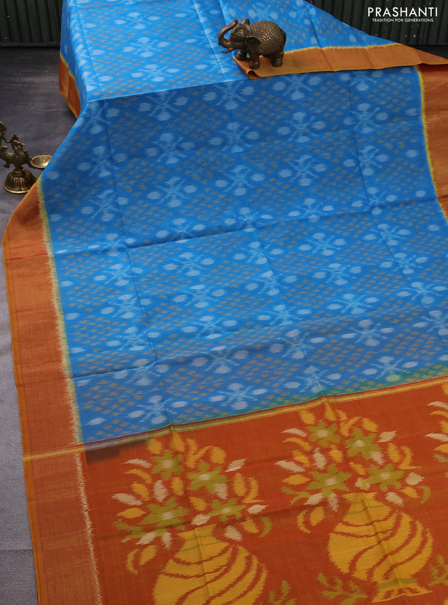 Ikat silk cotton saree cs blue and mustard yellow with allover ikat weaves and zari woven border