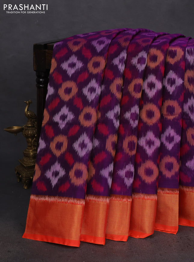 Ikat silk cotton saree violet and orange with allover ikat weaves and zari woven border