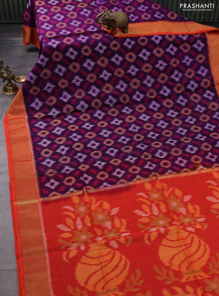 Ikat silk cotton saree violet and orange with allover ikat weaves and zari woven border