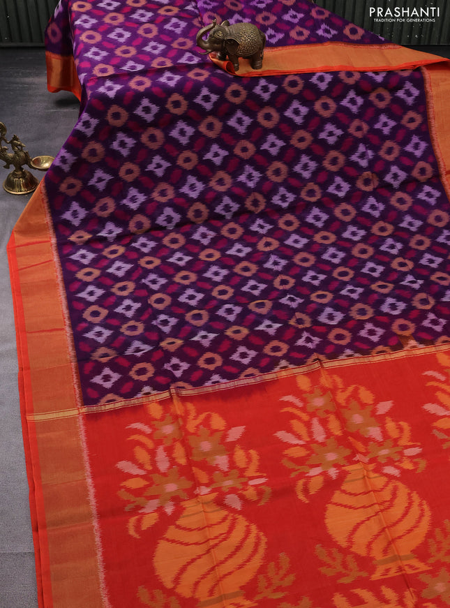 Ikat silk cotton saree violet and orange with allover ikat weaves and zari woven border