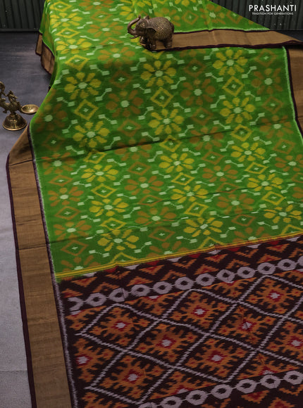 Ikat silk cotton saree green and wine shade with allover ikat weaves and zari woven border