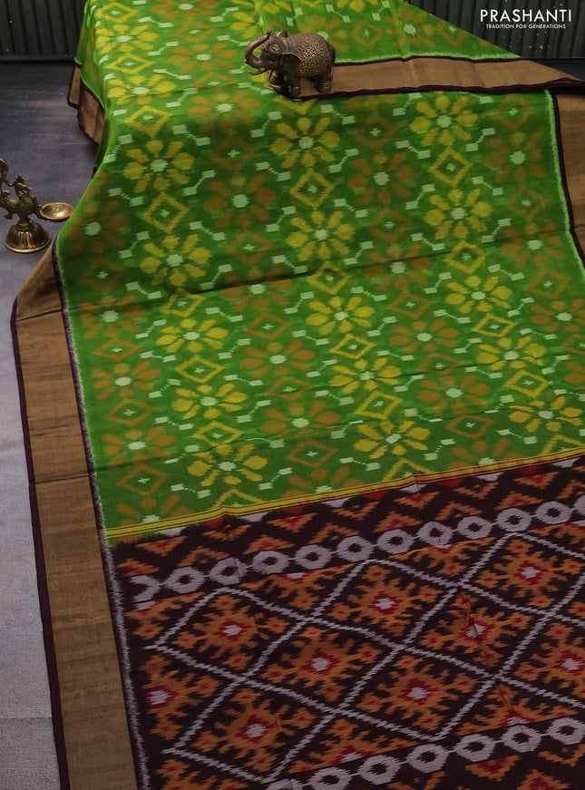 Ikat silk cotton saree green and wine shade with allover ikat weaves and zari woven border