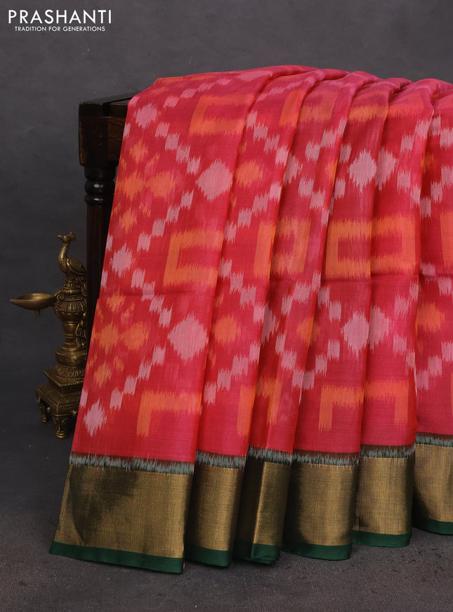Ikat silk cotton saree pink and green with allover ikat weaves and zari woven border