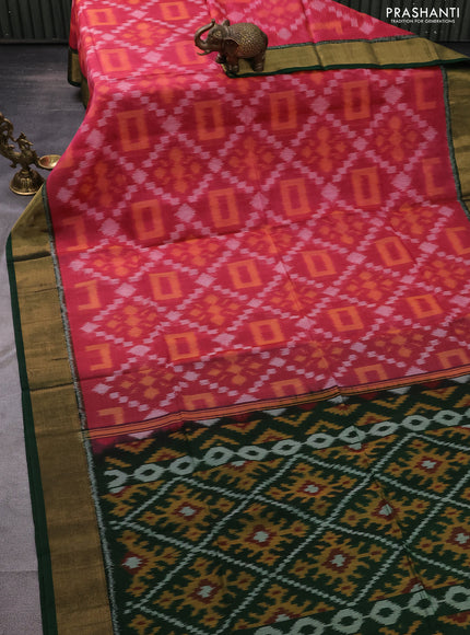 Ikat silk cotton saree pink and green with allover ikat weaves and zari woven border