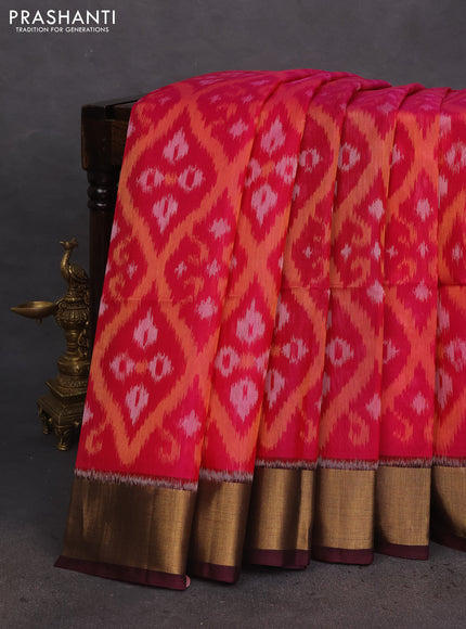 Ikat silk cotton saree pink and wine shade with allover ikat weaves and zari woven border