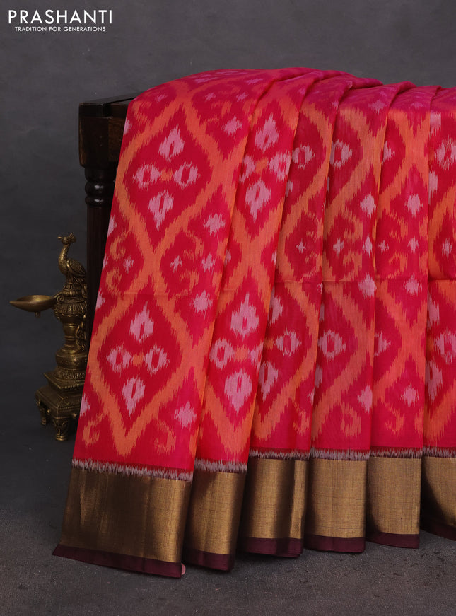 Ikat silk cotton saree pink and wine shade with allover ikat weaves and zari woven border