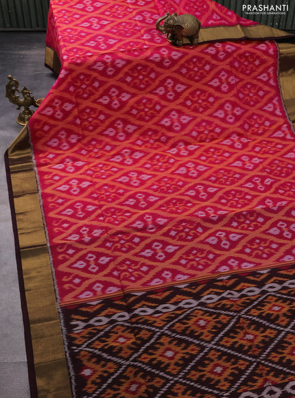 Ikat silk cotton saree pink and wine shade with allover ikat weaves and zari woven border