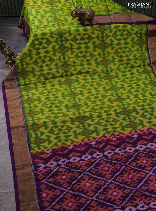 Ikat silk cotton saree light green and purple with allover ikat weaves and zari woven border