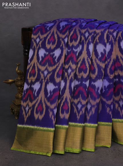 Ikat silk cotton saree blue and light green with allover ikat weaves and zari woven border