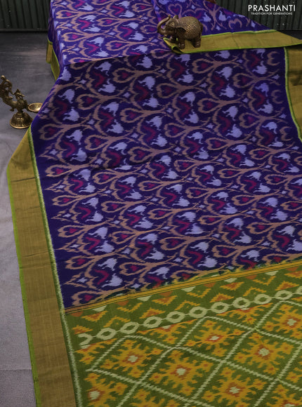 Ikat silk cotton saree blue and light green with allover ikat weaves and zari woven border