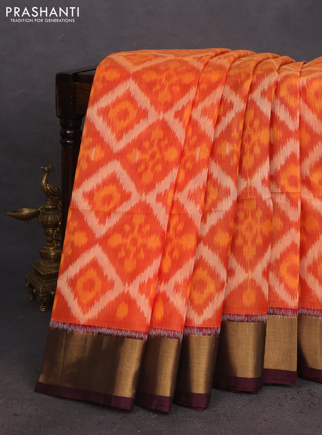 Ikat silk cotton saree orange and wine shade with allover ikat weaves and zari woven border