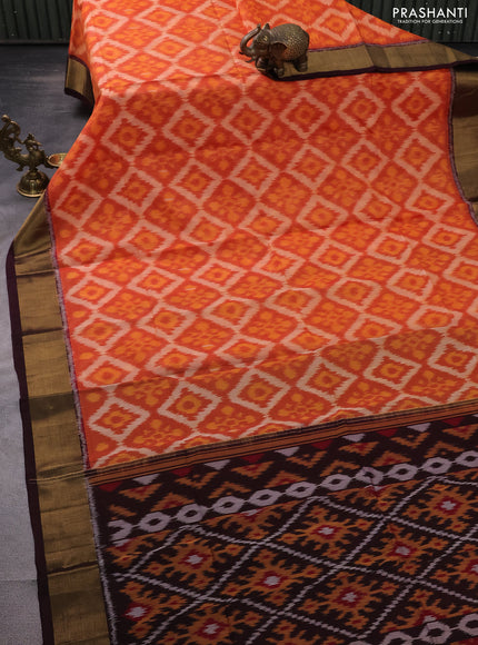 Ikat silk cotton saree orange and wine shade with allover ikat weaves and zari woven border