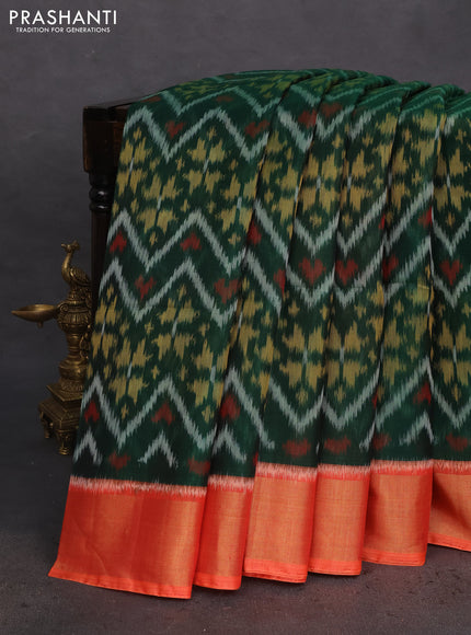 Ikat silk cotton saree green and orange with allover ikat weaves and zari woven border