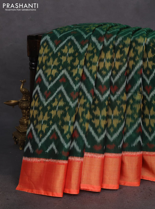 Ikat silk cotton saree green and orange with allover ikat weaves and zari woven border