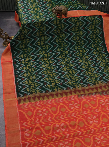 Ikat silk cotton saree green and orange with allover ikat weaves and zari woven border
