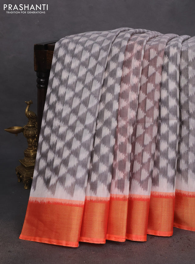 Ikat silk cotton saree grey off white and orange with allover ikat weaves and zari woven border