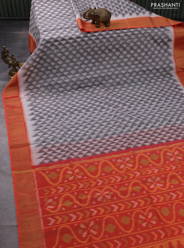 Ikat silk cotton saree grey off white and orange with allover ikat weaves and zari woven border