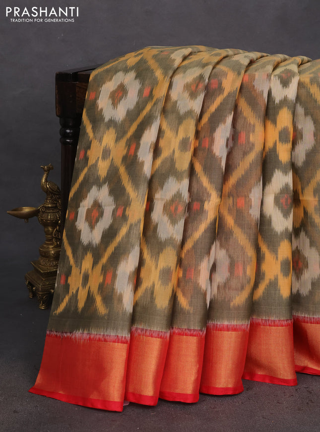 Ikat silk cotton saree beige and red with allover ikat weaves and zari woven border