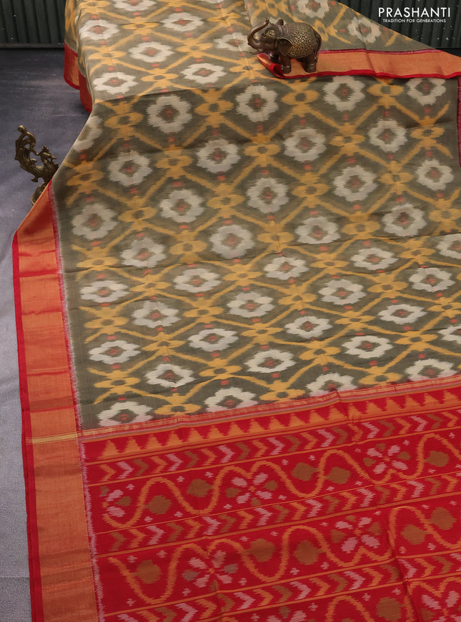 Ikat silk cotton saree beige and red with allover ikat weaves and zari woven border